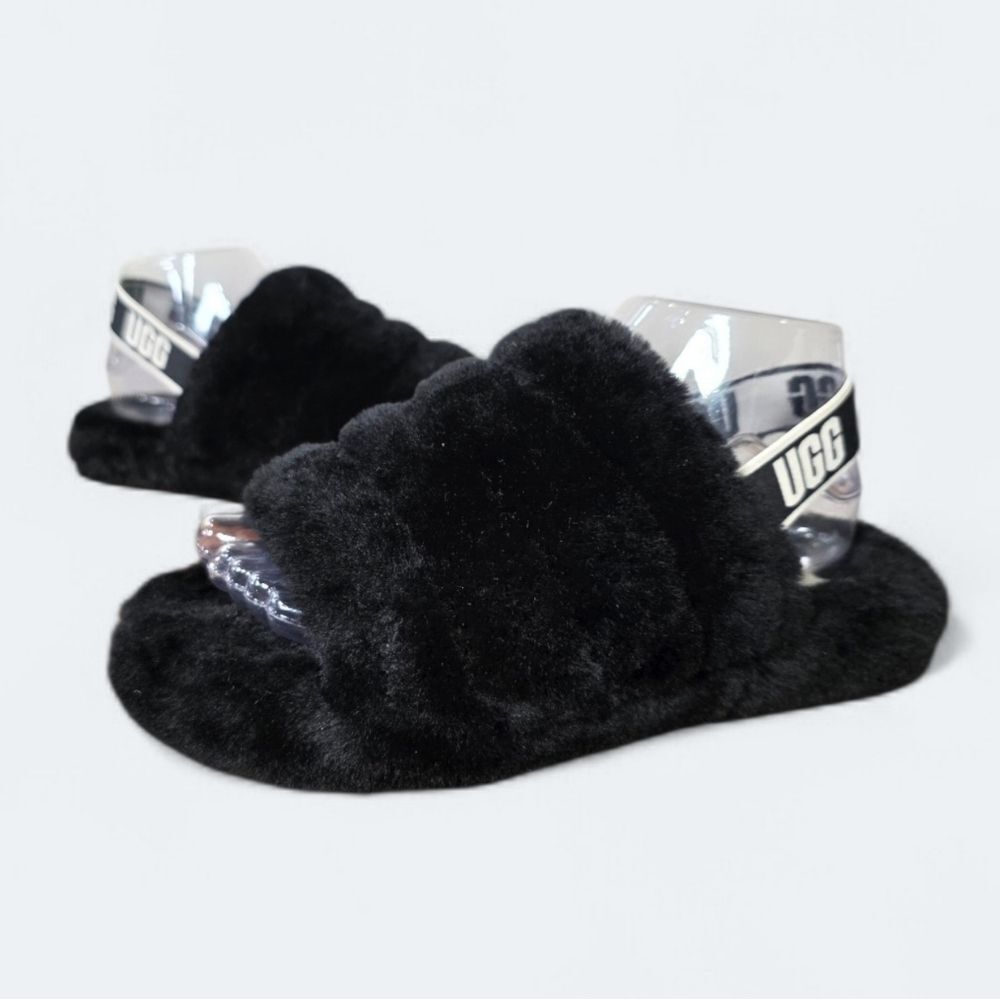 UGG Black Fluff Yeah Slide Black Faux Fur Slingback Slippers Sandals Size 5